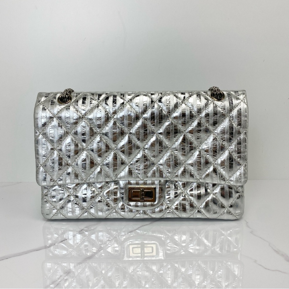 Chanel Metallic Calfskin Striped 2.55 Reissue 226 Silver